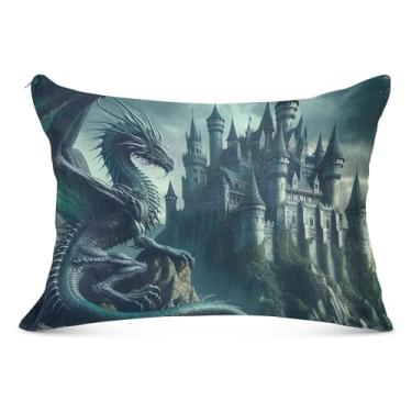 Imagem de Capa de almofada decorativa de dragão e castelo com zíper padrão king queen size fronha fofa para sofá de cama de casa, tamanho Queen, 50,8 cm x 76,2 cm