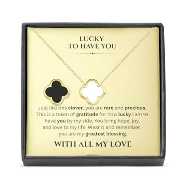Imagem de SHINYY Colar feminino de trevo de 2 lados | Pingente da sorte de quatro folhas banhado a ouro 18K | Joias de 4 folhas para ela, Dainty, Banhado a ouro 18K, Sem Pedra Preciosa