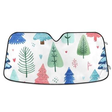 Imagem de Árvores de Natal em aquarela sombra branca para para-brisa de carro personalizado dobrável para-brisa frontal impressão animal automotivo retrátil L, 144,8 cm x 80 cm