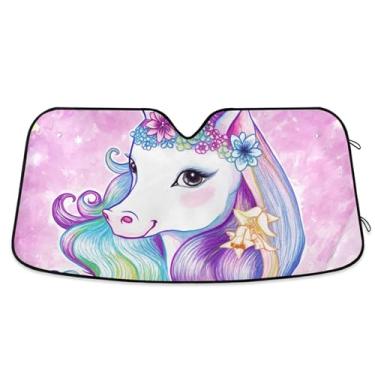 Imagem de Toldo de sol arco-íris roxo de unicórnio personalizado para para-brisa de carro persianas dobráveis de carros para janelas dianteiras florais automotivas S, 134,6 cm x 59,7 cm