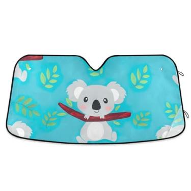 Imagem de Guarda-sol de carro com folhas azuis de coalas de desenho fofo para para-brisa universal retrátil automotivo para-sol animal floral M, 139,7 cm x 70,1 cm