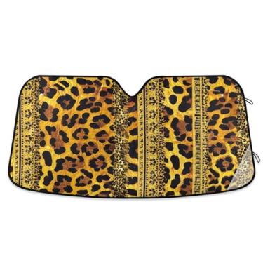 Imagem de Guarda-sol com borda dourada com estampa de leopardo personalizado para para-brisa de carro caminhão dobrável engraçado protetor de para-brisa automotivo M, 139,7 cm x 70,1 cm