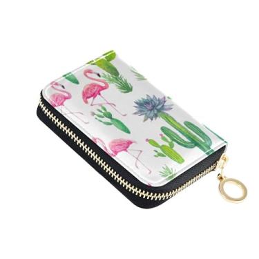 Imagem de Carteira feminina compacta de couro, porta-cartões de crédito, bloqueio RFID, cactos, flamingos, aquarela, zíper e bolsa para moedas