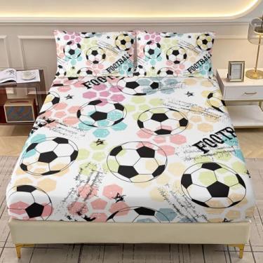 Imagem de AILONEN Jogo de lençol infantil de futebol esportivo, para meninos e meninas, tamanho Queen, com bolso profundo rosa e azul, 3 peças, 1 jogo de lençol com elástico e 2 fronhas