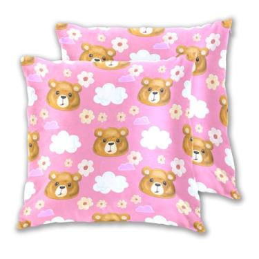 Imagem de Joitme Conjunto de 2 fronhas fofas com estampa de margaridas cor-de-rosa de ursos fofos, decoração de casa para sala de estar, 40,6 x 40,6 cm, 2 peças