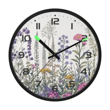 Imagem de SEHANY Herb Wildflower Relógio de parede silencioso sem tique-taque relógio redondo operado por bateria 30 cm controle de som luz noturna relógios de parede para sala de estar, cozinha, quarto