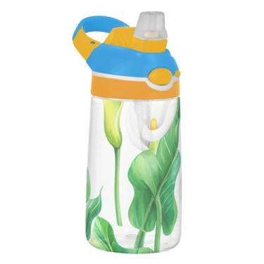 Imagem de Garrafa de água esportiva Tritan infantil de 473 ml com tampa de palha, garrafa de água reutilizável de 473 ml, copo infantil portátil à prova de vazamento, alça de transporte, lírios brancos e folhas