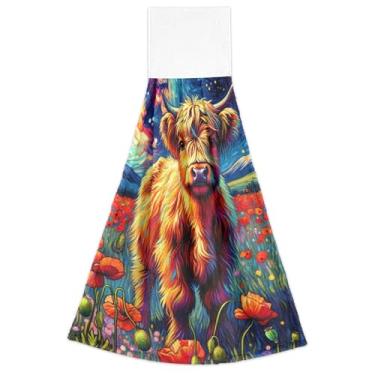 Imagem de Joisal Toalhas de mão Poppy Flowers Highland Cow com laço para pendurar no forno conjunto de 2 toalhas de cozinha macias absorventes para decoração de casa, 46 x 35 cm