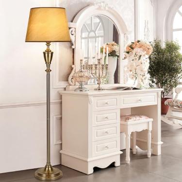 Imagem de Abajur de chão com cúpula de tecido macio, estilo francês campestre, luminária vertical de metal polido, luminária decorativa alta para sala de estar, luminária de chão para leitura em ambie