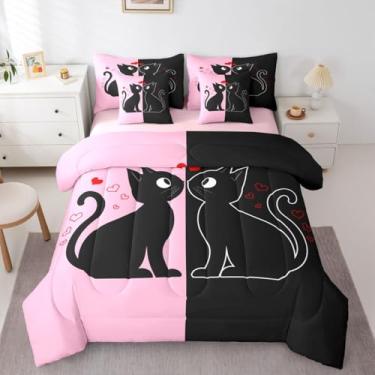 Imagem de Jogo de edredom solteiro fofo de gato preto com lençol (rosa e preto) | Jogo de cama de 7 peças para casais amantes, romântico, gatos kawaii, animais de estimação