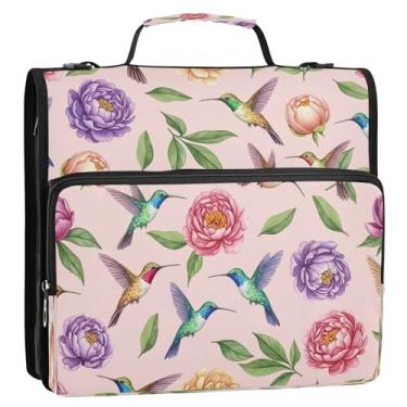 Imagem de Bolsa organizadora de fichário com zíper e 3 anéis com estampa rosa, flores coloridas, pássaros, rosa, 3 anéis, com alça, pasta grande para escola, escritório, viagem, armazenamento de documentos