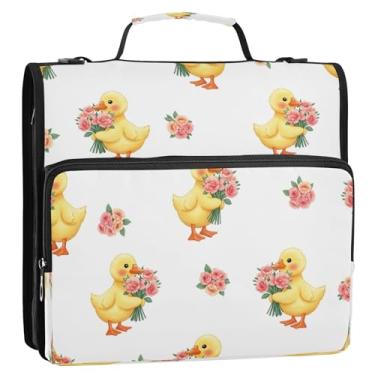Imagem de Linda bolsa de fichário com 3 anéis florais de patos amarelos com 3 anéis, organizador de zíper para escola, escritório, bolsa de ombro grande para armazenamento de documentos com bolsos
