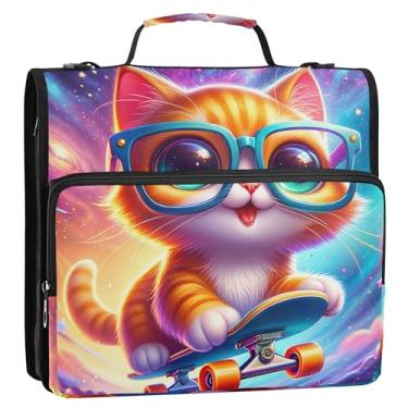 Imagem de Fichários de 3,8 cm para documentos, 3 anéis, com estampa de gato fofo, com zíper, organizador de pasta de armazenamento com alça para fichário do ensino médio com alça