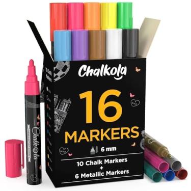 Imagem de Chalkola Marcadores líquidos de giz e cores metálicas pacote com 16 canetas de giz - para quadro-negro, janela, vidro, bistrô | 6 mm reversível bala e ponta de cinzel tinta apagável