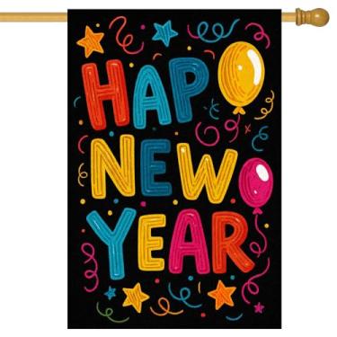 Imagem de HOMETITUTE Feliz Ano Novo bandeira de casa 71 x 101 cm bandeira de jardim dupla face balões coloridos estrelas e confetes design inverno feriado quintal bandeira grande bandeira externa para varanda