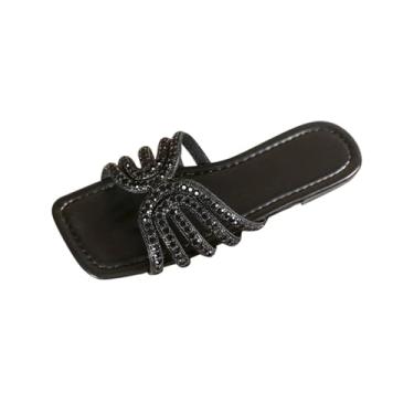 Imagem de Chinelos femininos modernos casuais primavera e verão praia versátil strass cabeça quadrada bico aberto chinelos rasos, Preto, 35