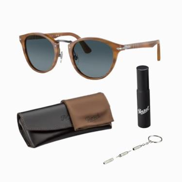 Imagem de Persol Óculos de sol PO3108S Phantos Shape com kit oficial de óculos, Armação marrom listrada | Lente azul, 49mm