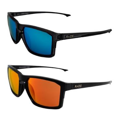 Imagem de 2 pares de óculos de sol Raze Journey Sports & Motorcycle armação cinza cristal lentes espelhadas azul fumê armação preta brilhante lente espelhada vermelho fumê, Espelho azul e vermelho espelhado, Adult