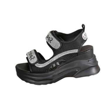 Imagem de Sandália feminina fashion casual primavera e verão confortável estilo esportivo strass bico redondo bico aberto salto plataforma sola grossa, Preto, 38