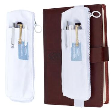 Imagem de GORGECRAFT Bolsa fina para caneta com faixa elástica ajustável com zíper branco, porta-lápis, estojo organizador para cadernos, capa dura, agendas, agendas, livros, armazenamento de moedas