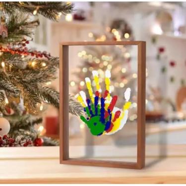 Imagem de WOOPSOO Kit de impressão à mão para família, artesanato colorido faça você mesmo, 22,4 x 32 cm, 5 folhas com moldura de arte de madeira de 8 cores, kit de impressão de mão de bebê para decoração de