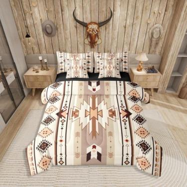 Imagem de Jogo de cama queen rústico asteca ocidental com 7 peças, diamante geométrico, bege, marrom, preto, inclui edredom, conjunto de lençol, fronhas e fronhas, decoração de quarto de flecha tribal étnica