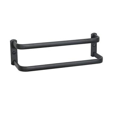 Imagem de Toalheiro simples, toalheiro de parede de banheiro, toalheiro preto fosco, suporte de toalheiro com design de duas barras de toalha, sem desbotamento/ferrugem - Porta-toalhas de alumínio espacial não