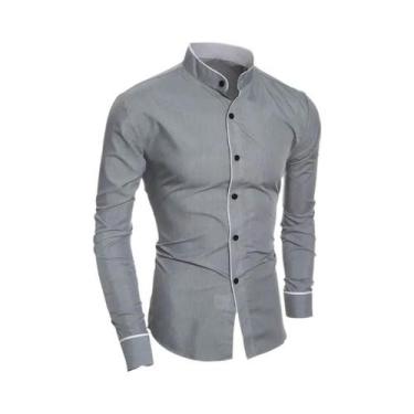 Imagem de Camisa Masculina Slim Fit De Cor Sólida Com Gola Alta Cardigan Em Patc