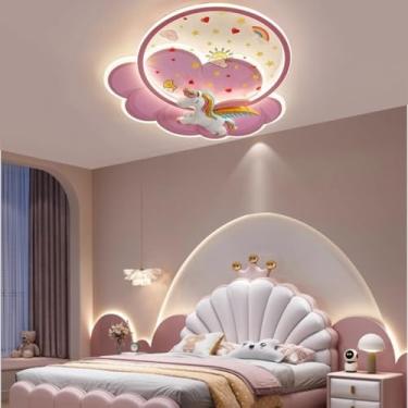 Imagem de Luminária de teto infantil LED moderna e criativa com desenho de unicórnio, 72W, dimerizável, ideal para quarto infantil, sala de estar, ilha de cozinha e decoração.