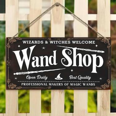 Imagem de Placa suspensa de painel de fibra de densidade de 10 x 20 cm - Placa de loja de varinhas com varinhas mágicas, decoração rústica de casa de fazenda para cerca, varanda, jardim (casa vintage e design