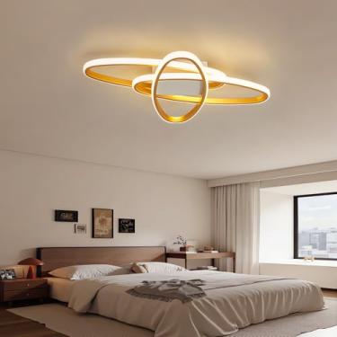 Imagem de Luminária de teto minimalista elíptica com LED dimerizável para sala de estar, quarto e escritório, com controle remoto, em acrílico moderno (dourada, 50 cm).