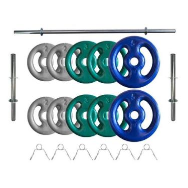 Imagem de Kit Anilhas Emborrachadas 30 Kg + Barras com Presilhas - 2M