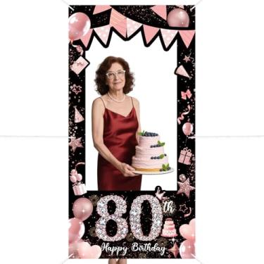 Imagem de Banner de aniversário de 80 anos, balão de lantejoulas com glitter rosa, cenário fotográfico, para festa de aniversário, bandeira, moldura de rosto no orifício, adereços para foto de fundo de selfie