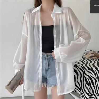 Imagem de Camisa Feminina de Chiffon Manga Comprida - Branca, Transparente e Sol