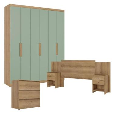 Imagem de Guarda Roupa Casal Milan 6 Portas Capuccino Menta Com Cômoda Gaveteiro Condessa E Cabeceira Formosa Capuccino- Thb