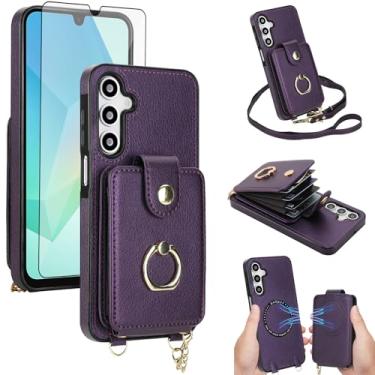 Imagem de Capa de telefone para Samsung Galaxy A17/A26 5G capa carteira magnética e protetor de tela anel suporte alça transversal cordão compatível com bloqueio MagSafe RFID A 17 26 17A 26A para mulheres roxo