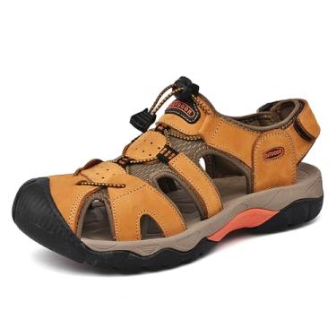 Imagem de Sandálias masculinas de bico fechado para uso ao ar livre - couro camurça, sola de borracha, respirável, anticolisão, antiderrapante, para caminhadas, praia, viagens, uso casual (preto, cinza, dourado