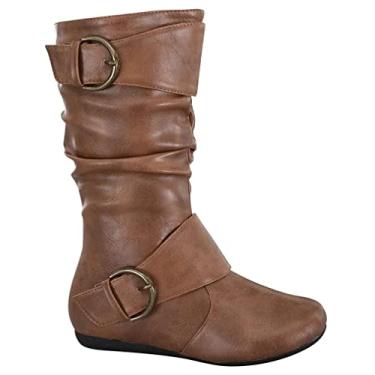 Imagem de Forever Link Bota feminina Klein-70 fechada bico redondo fivela salto plano cano médio, Bronze PU, 5