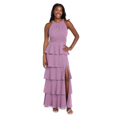Imagem de R&M Richards Vestido maxi feminino elegante em camadas | Vestido de noite georgette com gola cavada e cintura com contas e fenda lateral, Poeira/Orquídea, 52
