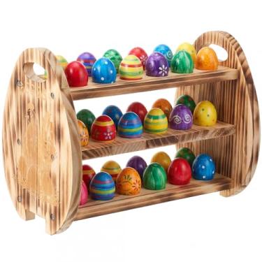 Imagem de Memorywuu Suporte de ovos de Páscoa, bancada, 3 níveis/36 furos, bandeja de armazenamento de madeira, bandeja para coleção, cesta em forma de ovo, painel de fazenda gravado rústico, organizador de