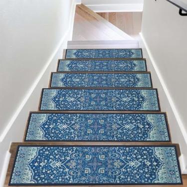 Imagem de Tapete antiderrapante azul de 20 cm x 76 cm para degraus de madeira internos, tapetes resistentes tapetes de segurança de borracha para crianças idosos e cães