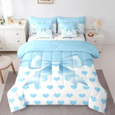Imagem de Feelyou Jogo de cama de 7 peças com laço azul, fofo, coração, amor, para crianças, meninos, meninas, estilo princesa, azul, branco, macio, leve
