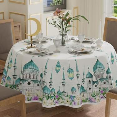 Imagem de XCHI Castle Moons Stars Flowers Ramadan Mubarak Toalha de mesa redonda toalha de mesa coberta de mesa para decoração de festa em casa 70 x 70 polegadas