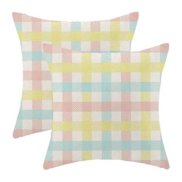 Imagem de Conjunto de 2 capas de almofada xadrez búfalo azul rosa amarelo 45,7 x 45,7 cm, fronha decorativa sazonal para ambientes externos, capa de almofada moderna para sofá, fazenda, sala de estar, decoração