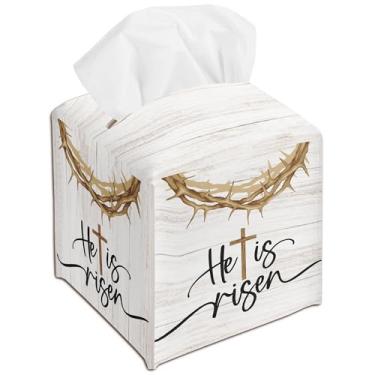 Imagem de Porta-lenços de papel de Páscoa He is Risen - Decorações de Páscoa Cristãs para Casa, Capa de Caixa de Lenços de Couro Religiosa Organizador Decorativo para Banheiro Cozinha Quarto Carro Bancada Mesa