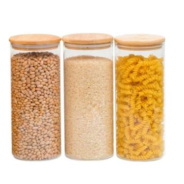 Imagem de Genérico, Kit 3 Pote de Vidro para Mantimentos 1800ml com Tampa de Bambu Hermético Resistente Redondo