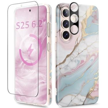 Imagem de GVIEWIN Capa compatível com Samsung Galaxy S25, compatível com MagSafe [protetor de tela e lente da câmera] [3,5 m militar à prova de queda] Capa magnética fina de mármore para celular, Pórfiro/verde