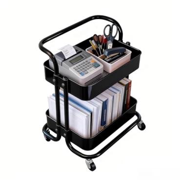 Imagem de Ufriandz Carrinho utilitário com rodinhas de 2 níveis com rodas, carrinho de despensa curto todo em metal, carrinho de armazenamento sob a mesa com alça, pequena prateleira de armazenamento com