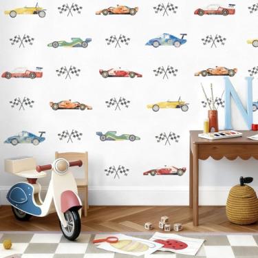 Imagem de JarThenaAMCS 8 folhas de adesivos de parede de carro de corrida aquarela tema de corrida bandeira de veículo decalques de parede para casa berçário quarto de crianças quarto sala de jogos sala de aula