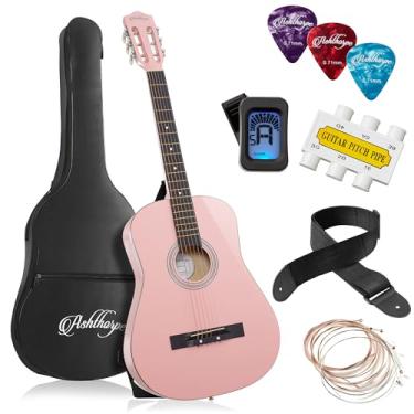 Imagem de Ashthorpe Pacote de guitarra acústica para iniciantes de 96,5 cm (rosa), kit básico para iniciantes com gig bag, cordas, alça, afinador, palhetas